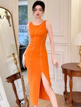 2023 Elegantiškas Mados Seksualus Maxi Suknelė Moterims Oranžinė Ryškiai Deimantų Padalinta Skraiste, Moterų, Prabangos Bodycon Prom Šalies Vestidos Mujer