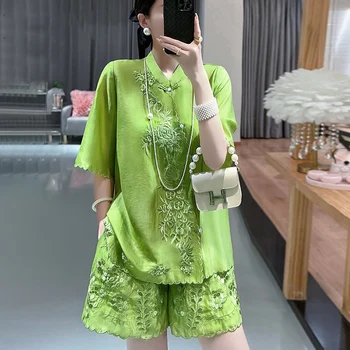 2023 Naujas Mados Kinų Stiliaus, Siuvinėtų Nuolatinis Kaklo Pusė Rankovėmis Marškinėliai +Šortai Elegantiškas Vaisių Green Lady Dviejų dalių Rinkinys S-XXL