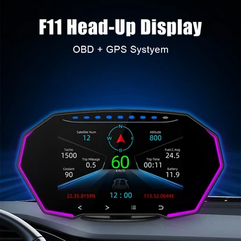 Automobilių Head Up Display Diagnostikos 7 Spalvų F11 Spidometras Vandens Oil Temp HUD 4 Colių OBD2 GPS Dual Sistema, Apsaugos Signalizacija