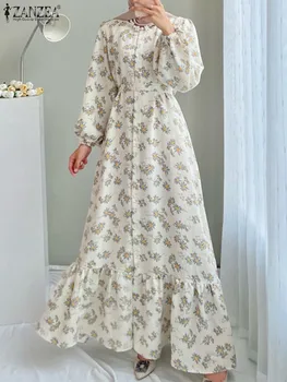 Bohemijos Musulmonų Ilga Suknelė Rudens Gėlių Suknelės Moterims Skraiste Mados Spausdinti Abaja ZANZEA ilgomis Rankovėmis Vestidos Islamas Drabužiai