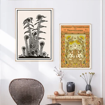 Derliaus Paparčio Spaudinių Botanikos Lino Art Nouveau Stiliaus Plakatas Neutralus Gėlių Sienos Nuotraukas Retro Paveikslai Tapyba Kambarį Namų Dekoro