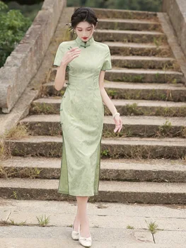 FZSLCYIYI Elegantiškas Kinijos Trumpas Rankovės Šifono Qipao Moterų Retro Nėrinių Suknelės Cheongsam