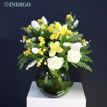 INDIGO Sukurta Geltonas Narcizas Geltona Calla Eukalipto Tulpių Rankų darbo Puokštė Dirbtinių Gėlių Vestuvių Nuotaka Valdos Įvykis