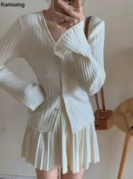 Korėjos Elegantiškas Klostuotas Sijonas 2 dalių Komplektas Slim Mygtuką Megzti Megztinis Aukštu Juosmeniu Mini Sijonas Komplektai Moterų Rudenį OLIS Kostiumą Drabužių 1
