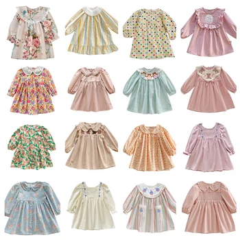 Korėjos Retro Turėti Vaikų Girl Dress 2023 M. Rudenį Naujų Bamblys Kūdikių Mergaitės Medvilnės Mielas Spausdinti Lankas Medvilnės Vaikų Suknelės