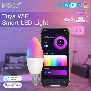 MOES WiFi Smart LEDLight Lemputė E14 Žvakės Lempos 16Million RGBCCT 2700-6500K šviesos srautą galima reguliuoti Šviesos Šviestuvai Tuya Alexa, Google 90-250V 6W