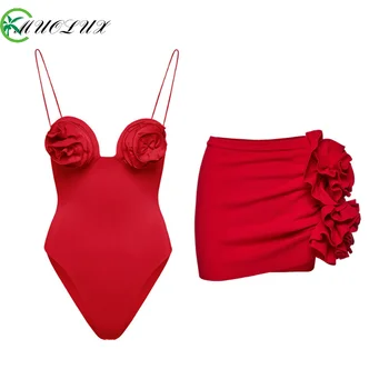 MUOLUX 2023 vientisi maudymosi kostiumėlį, Kietas Raudonas Sijonas Moterims, Maudymosi kostiumai Seksualus 3D Gėlių Prabangos Paplūdimio Monokini Plaukti Suknelė Bodysuit Vasaros
