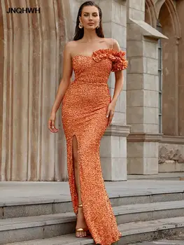 Moterys Naujas Berankovis Vieną Petį China Plonas Elegantiškas Apelsinų Raukiniai Aukštos Padalinta Ilgas, Maxi Bodycon Seksualus Šalies Vakarinę Suknelę