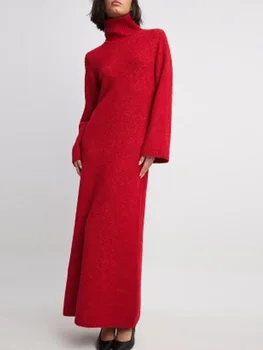 Moterų Kietas Aukštos Apykaklės Briaunoti Megztiniai Suknelės Elegantiškas Atsitiktinis Ilgomis Rankovėmis Megztinis Vestidos Rudenį Moterų Chic 