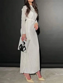 Moterų Long Sleeve Ruched Maxi Suknelė Elegantiškas Pusę Aukšto Kaklo užrišti Suknelė Rudenį Kokteilis Streetwear