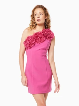 Nauja Seksuali Įstrižainės Apykaklės 3D Gėlių Slim Mini Suknelė Moterims Rose Red Vieną Petį Gėlių Bodycon Suknelė Vakarą Įžymybių Šalies Dres