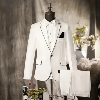 Ponai Baltos spalvos Kostiumai Su Plona Juoda Linija Slim Fit Vieno Mygtuko Jaunikis Vestuves костюм Švarkas pritaikytą Vyrų Kostiumas Dėvėti