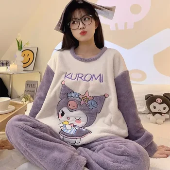 Sanrio Kuromi Pochacco Cinnamoroll Pajama Nustatyti Naują Žiemos Flanelė Loung Sleepwear Mergina Pijama Mujer Kostiumai Pora Namų Dėvėti Minkštas