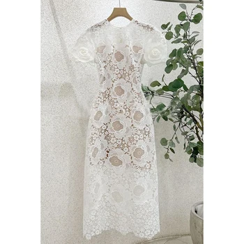Siuvinėjimo Nėrinių Suknelė Moterims 2023 Vasara O-kaklo Kablys Gėlių Tuščiaviduriai Bodycon Suknelė Ponios High Waisted Moteriški Drabužiai Elegantiškas