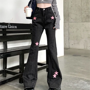 Streetwear Pink Star Aplikacijos Džinsai Moteris Aukštos Juosmens Y2k Užsiliepsnojo Džinsai 4XL korėjos Mados Pločio Kojų Kelnės Moteriška Derliaus Kelnės