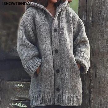 Vientisos spalvos megztinis džemperis moterims prabangus ir storas rudens ir žiemos gobtuvu ir minimalistinis švarko Kišenėje Skara wome